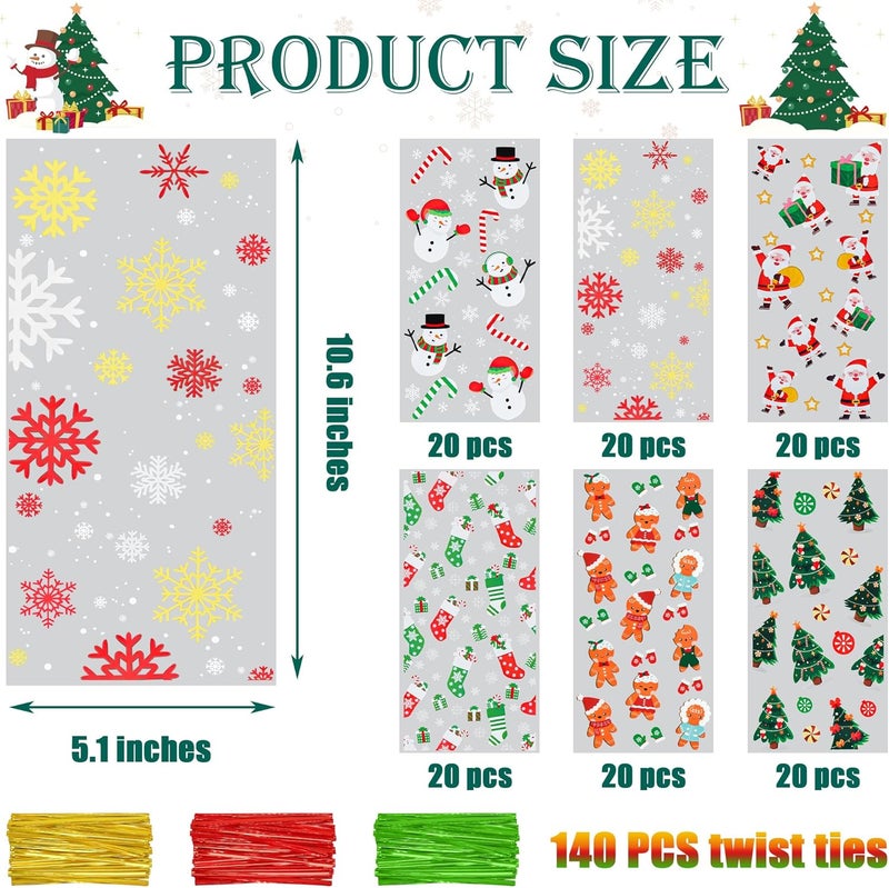 Twavang 120 Pcs Christmas Cellophane Treat Bags, Xmas Gift Candy Goodies Bags with 140 Pcs Twists for Snacks Cookies Packing (10.6 x 5.1 inches) - Image 2